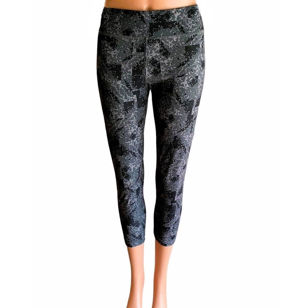 VELOCITY Black & Gray Abstract Geometric Activewear Capri Leggings Womens MEDIUM